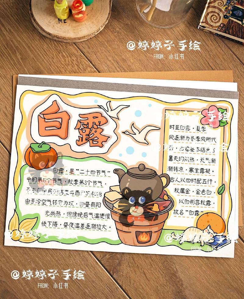 白露放大镜白露手抄报打印线稿模板