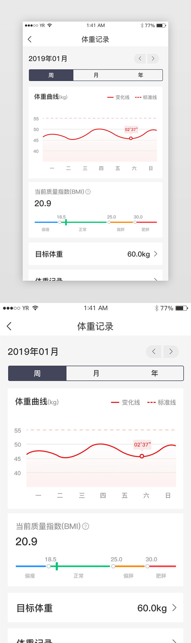 小in健康体重曲线和状态备注记录界面