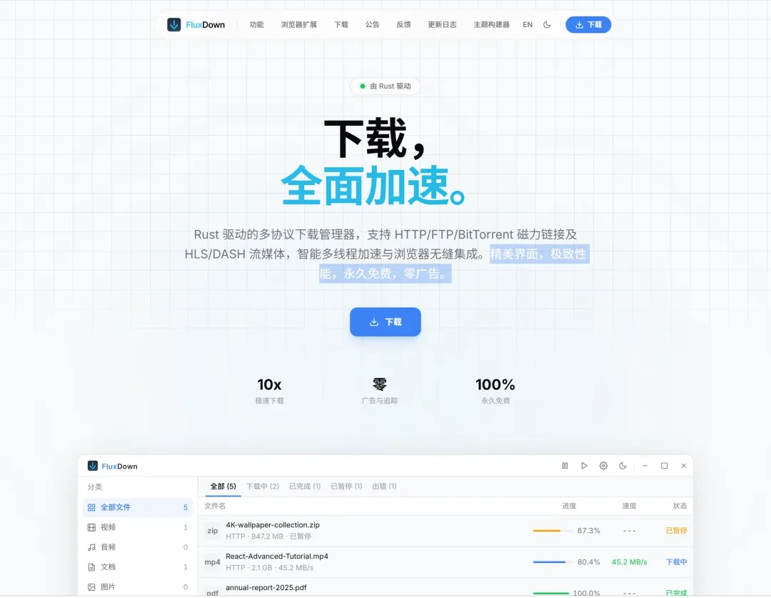 FluxDown最新版本安装成功主界面截图