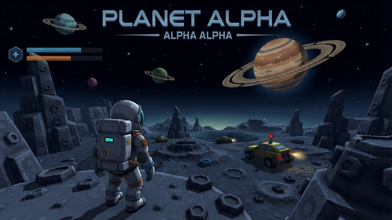 阿尔法星球(PLANET ALPHA)游戏主界面截图,展示宇航员在星球上探索的场景