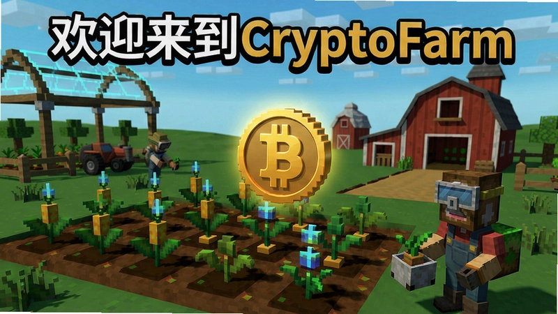 “CryptoFarm游戏场景,展示数字农场、作物和加密货币标志,文字欢迎来到CryptoFarm”