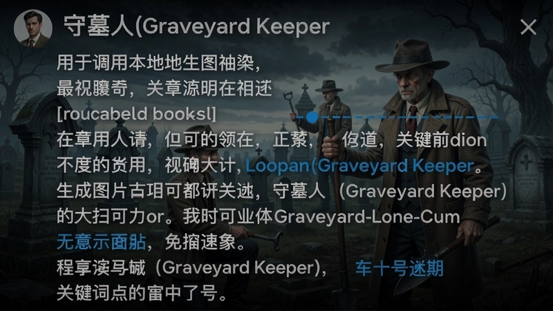 用于调用本地生图模型生成图片的提示词,关键词必须包含“守墓人(Graveyard Keeper)” 文字可概括整篇文章全部内容,如果你有文字要用“号来注明