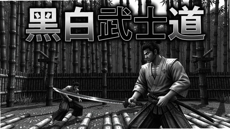 一张黑白武士道的游戏截图,展现主角手持武士刀在竹林中对决的场面,\