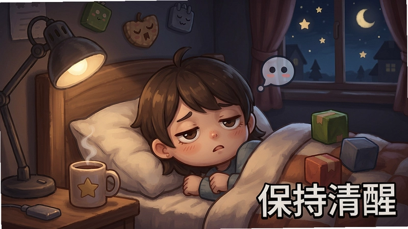 游戏“我还不能睡”的温馨画面,角色正在努力睁大眼睛,周围有各种干扰睡意的道具,文字可概括为“保持清醒”