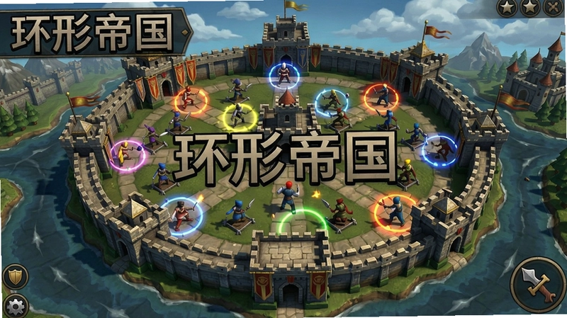 环形帝国游戏截图,展示环形战斗地图和城堡建筑,文字标注“环形帝国”