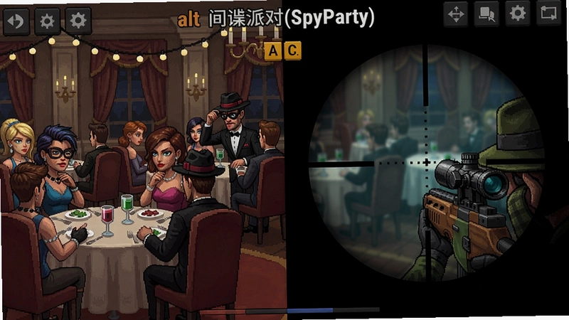 间谍派对(SpyParty)游戏截图,展示晚宴场景中角色伪装与狙击手瞄准镜视角,充满紧张氛围|alt=