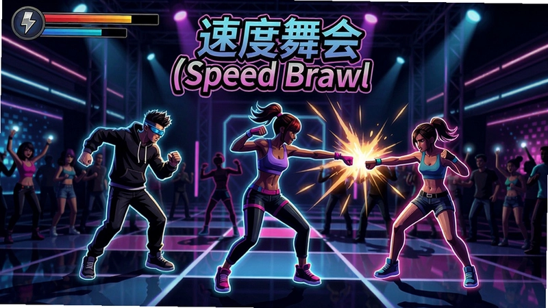 速度舞会(Speed Brawl)游戏场景截图,展示了角色在霓虹灯光下跳舞战斗的炫酷画面,充满动感与活力。