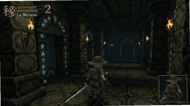 穆拉纳秘宝2(La-Mulana 2)游戏截图,展示主角在古老遗迹中探索的场景,充满神秘氛围