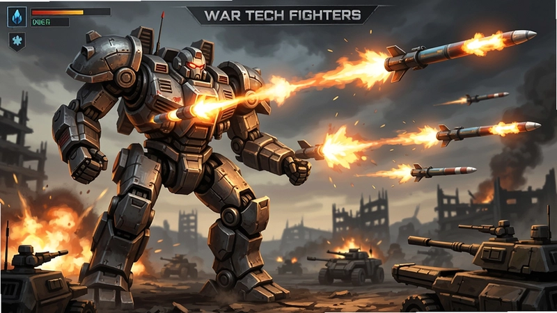 战争斗士(War Tech Fighters) 游戏截图,巨大的机甲在战场上发射导弹,火光四溅