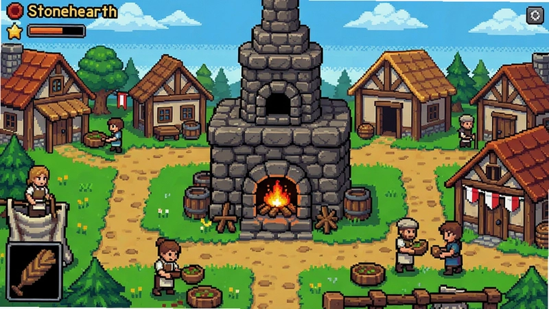 石炉(Stonehearth) 游戏截图,展示繁荣小镇与居民劳作,像素风格,色彩明亮