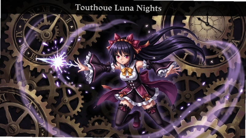 用于调用本地生图模型生成图片的提示词,关键词必须包含“Touhou Luna Nights”,展现十六夜咲夜在钟表齿轮背景下的战斗场景,整体氛围神秘而华丽