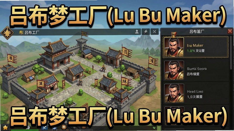 吕布梦工厂(Lu Bu Maker)游戏截图,展示城市建设界面和武将列表,突出“吕布梦工厂(Lu Bu Maker)”字样