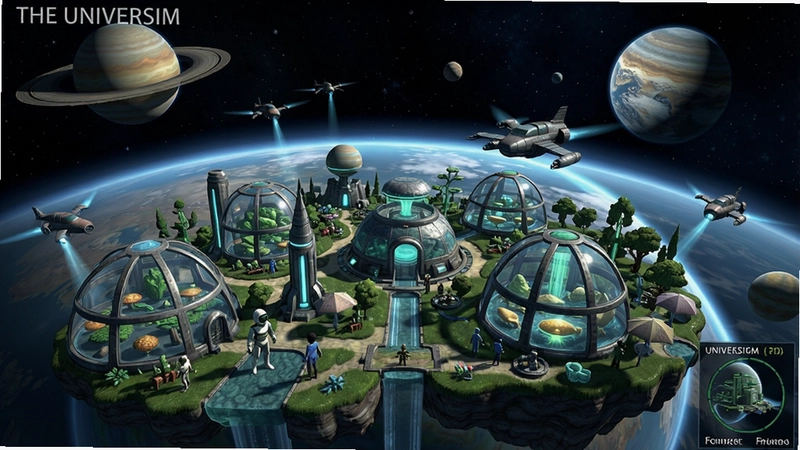 宇宙主义(The Universim)游戏画面,展示一个繁荣的星球文明