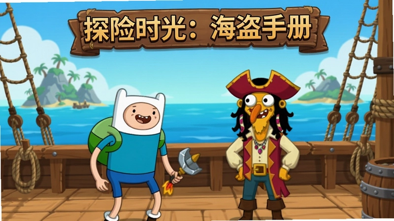 一张展示“探险时光:海盗手册”游戏主界面的截图,包含芬恩和杰克站在海盗船甲板上,背景是蔚蓝大海和岛屿,标题文字清晰可见