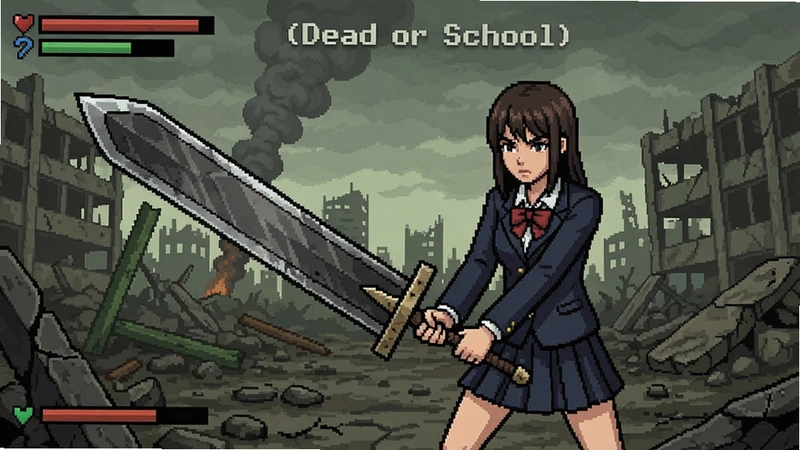 死亡或学校(Dead or School)游戏截图,女高中生手持巨剑战斗,末日场景