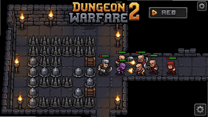 地牢战争2(Dungeon Warfare 2) 游戏主界面截图,展示陷阱布局与敌人进攻场景