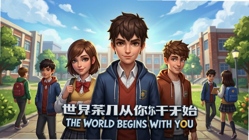 世界从你开始(The World Begins With You) 游戏主视觉图,展示校园场景和主要角色