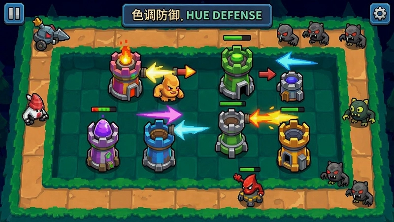 色调防御(Hue Defense)游戏主界面截图,展示多彩防御塔和敌人路径