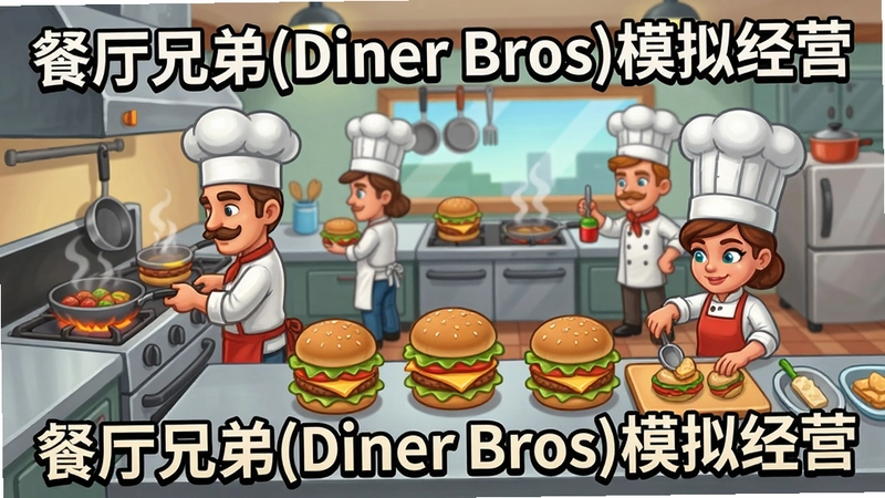 餐厅兄弟(Diner Bros)游戏截图,展示厨房烹饪场景,多个角色合作制作汉堡,文字“餐厅兄弟(Diner Bros)模拟经营”
