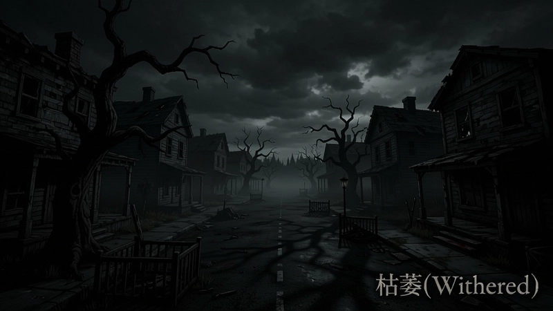 一幅黑暗风格的场景,展示枯萎(Withered)游戏中的废弃小镇,阴森街道上有扭曲的树木和破败的房屋,气氛压抑恐怖,用“枯萎(Withered)”文字标注