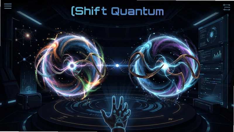 翻转量子(Shift Quantum)游戏主界面,展示量子反转特效,色彩斑斓,场景充满科技感