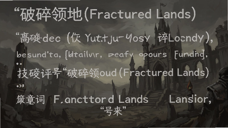 用于调用本地生图模型生成图片的提示词,关键词必须包含“破碎领地(Fractured Lands)” 文字可概括整篇文章全部内容,如果有文字你要用“号来注明