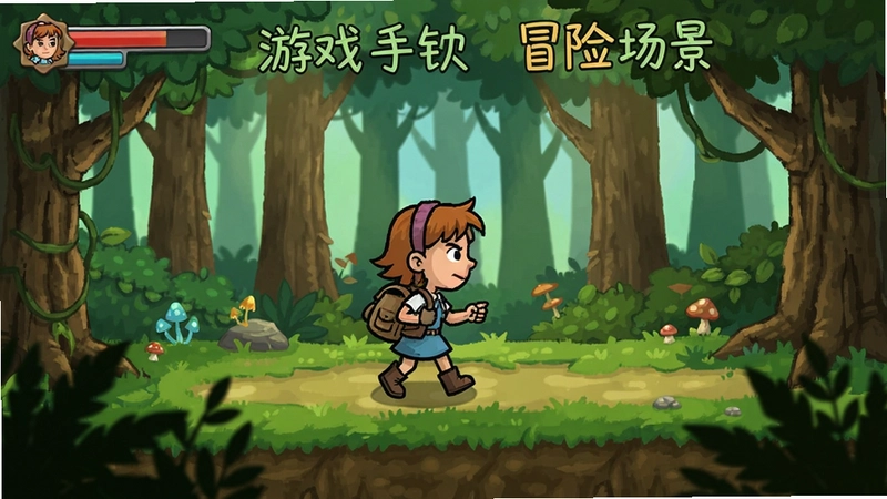 用“Ellen 游戏 手绘 冒险 场景”生成一张Ellen电脑版游戏截图,展示主角在森林中探索的画面