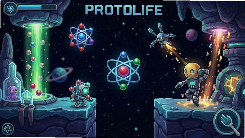 ԭ������(Protolife)��Ϸ��ͼ��չʾ΢�������е�ԭ�ӽ�ɫ�볡����ɫ�����ޣ������ƻø�