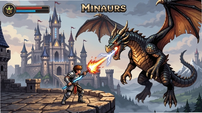 Minaurs��Ϸ���棬չʾ���������ս���ĳ����������Ǻ�ΰ�ĳǱ����������ɫ�� 