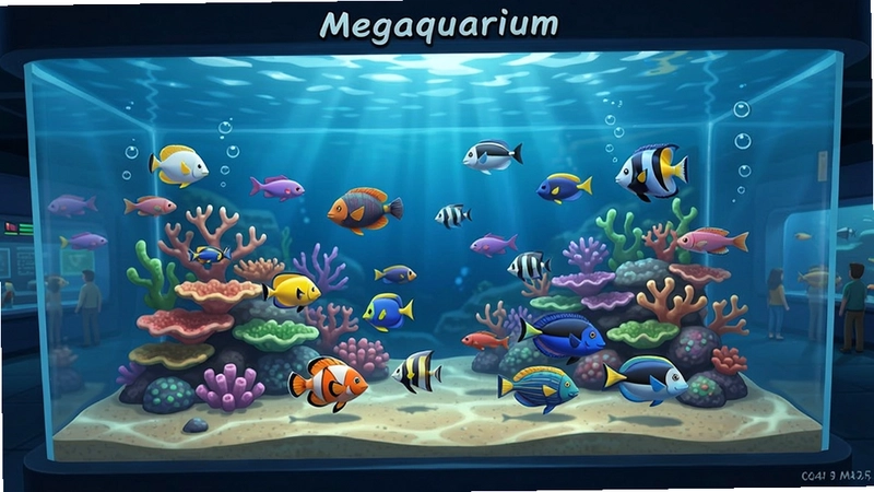 一副展示巨型水族馆(Megaquarium)游戏画面的截图,水族箱内有各种鱼类和珊瑚,画面色彩丰富