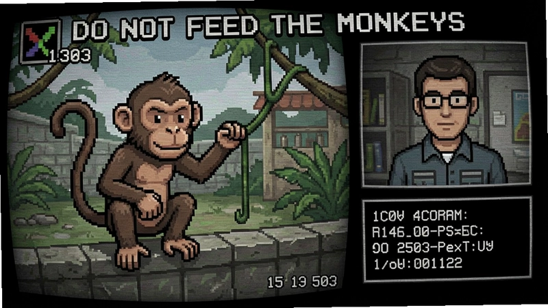 不要喂猴子(Do Not Feed the Monkeys)游戏截图,显示监控画面和人物信息