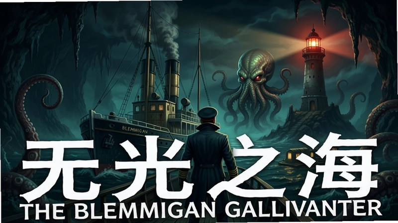 一艘蒸汽船航行在黑暗地下海,船长背影,诡异灯塔,克苏鲁风格,标题文字“无光之海:The Blemmigan Gallivanter”