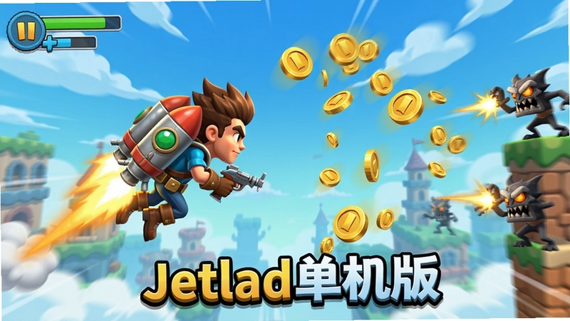 “Jetlad单机版”横版跑酷射击游戏主界面截图,卡通渲染,喷气背包英雄飞行,大量金币与敌人,色彩明快,动态模糊效果