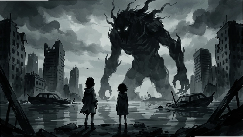 孤寂之洋(Sea of Solitude)游戏场景,女孩站在被水淹没的城市废墟中,光线昏暗,孤独氛围,水墨风格,巨大怪物阴影