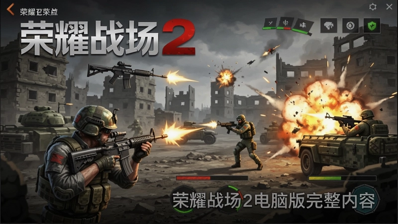 荣耀战场2游戏主界面与战斗场景,展示汉化界面、武器及爆炸效果,体现现代战争氛围,“荣耀战场2电脑版完整内容”