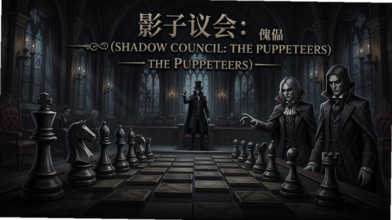 “影子议会:傀儡(Shadow Council: The Puppeteers)”游戏主视觉,黑暗维多利亚议会大厅,傀儡棋子与角色插画,体现策略战棋玩法与暗黑美学