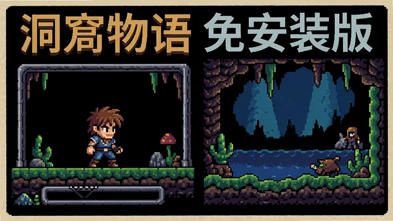 洞窟物语免安装版游戏主界面及主角探索场景,“经典像素动作冒险游戏海报复古风”