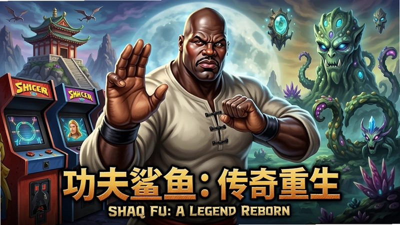 “功夫鲨鱼:传奇重生(Shaq Fu: A Legend Reborn)”游戏主视觉图,奥尼尔摆出功夫架势,背景为融合街机与异世界元素的场景