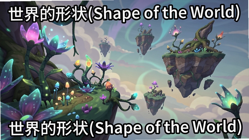 一幅展示“世界的形状(Shape of the World)”游戏绚丽抽象世界的截图,包含奇幻植物和漂浮岛屿,文字标注“世界的形状(Shape of the World)”