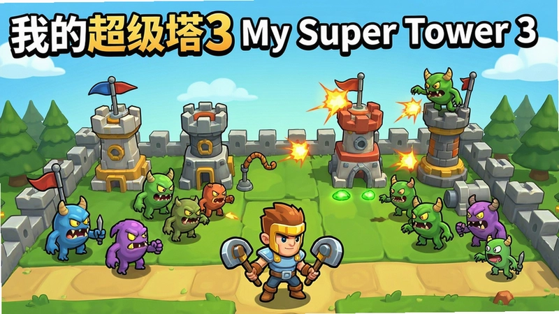 “我的超级塔3(My Super Tower 3)”游戏主视觉图,卡通风格防线场景,多种防御塔和怪物进攻,英雄角色待命