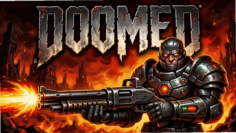 生成一张DOOMED电脑版游戏封面,未来战士手持超级霰弹枪,背景地狱火海,标题文字“DOOMED”风格黑暗科幻