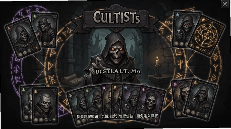 异教徒模拟器(Cultist Simulator)游戏主界面、卡牌与神秘学符号交织,“探索隐秘知识,合成卡牌,管理信徒,避免陷入疯狂”