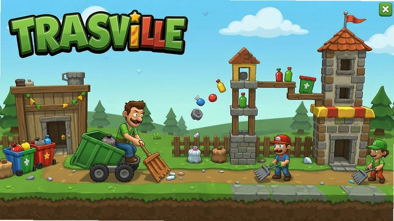 Trashville电脑版游戏场景,垃圾清理和建造元素,“Trashville”