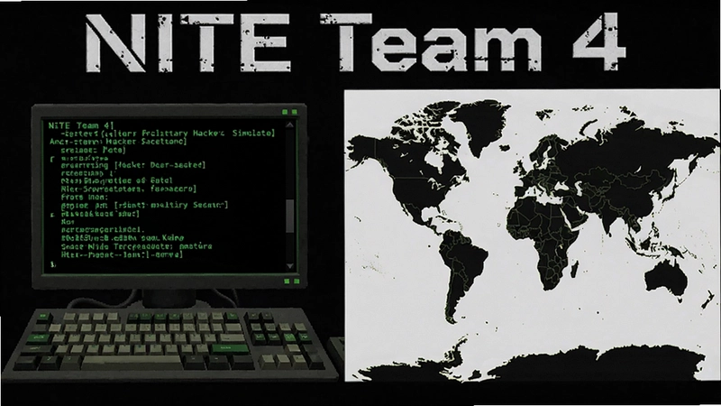 NITE Team 4 军事黑客模拟游戏主界面,包含终端操作和世界地图,有‘NITE Team 4’标题