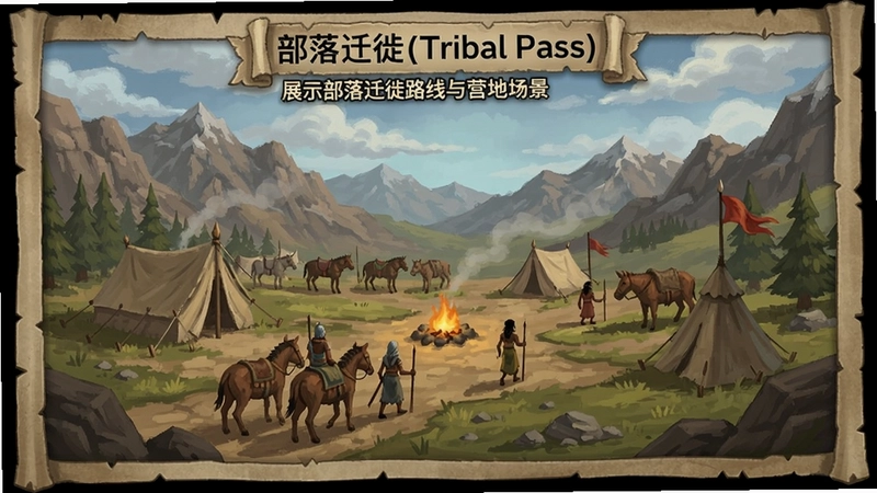 “部落迁徙(Tribal Pass)主界面展示部落迁徙路线与营地场景”