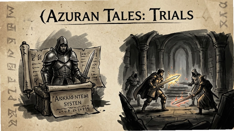 阿兹兰故事:审判(Azuran Tales: Trials)游戏主视觉与战斗场景,黑暗奇幻手绘,审判系统展示