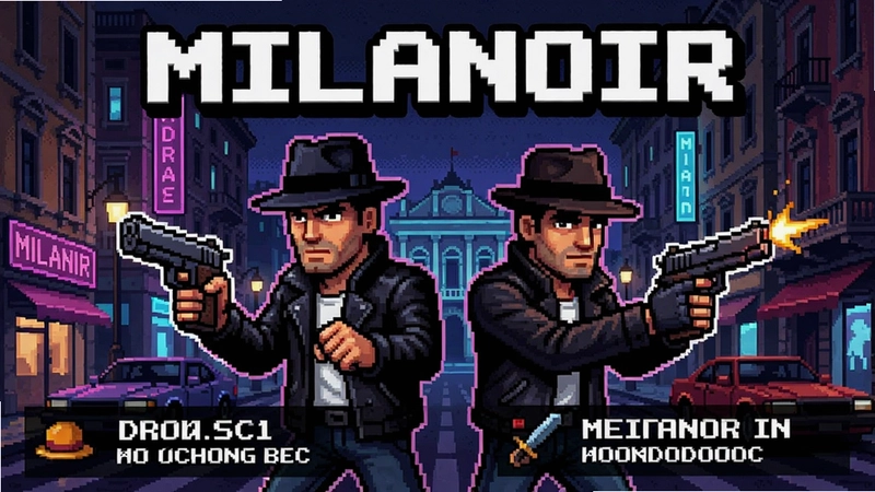 “Milanoir”像素风黑帮枪战游戏海报,双主角持枪站立于霓虹灯前的米兰街景,涵盖游戏核心玩法、剧情背景与双人合作特色