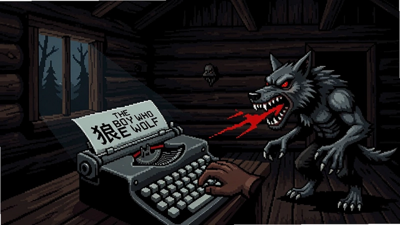 恐怖打字游戏狼男孩(The Boy Who Typed Wolf)木屋场景,玩家使用打字机对抗狼人,像素艺术风格,黑暗紧张氛围
