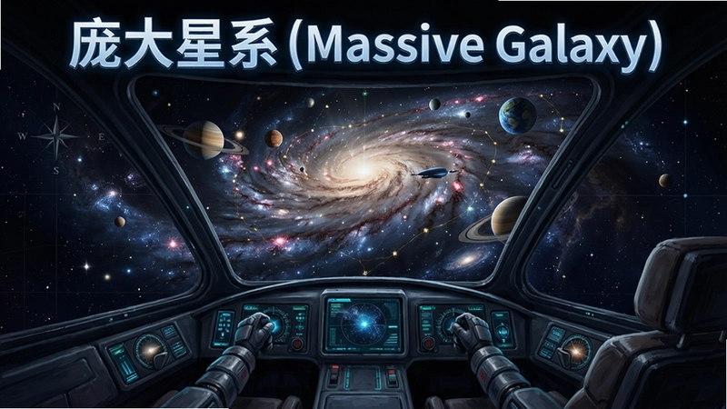 庞大星系(Massive Galaxy)太空冒险游戏主界面,展示星系地图和飞船驾驶舱,包含“庞大星系(Massive Galaxy)”标题字样