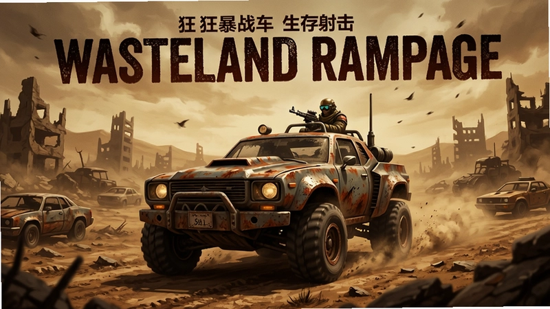 荒原狂暴(Wasteland Rampage)游戏主视觉,“末日废土”“狂暴战车”“生存射击”